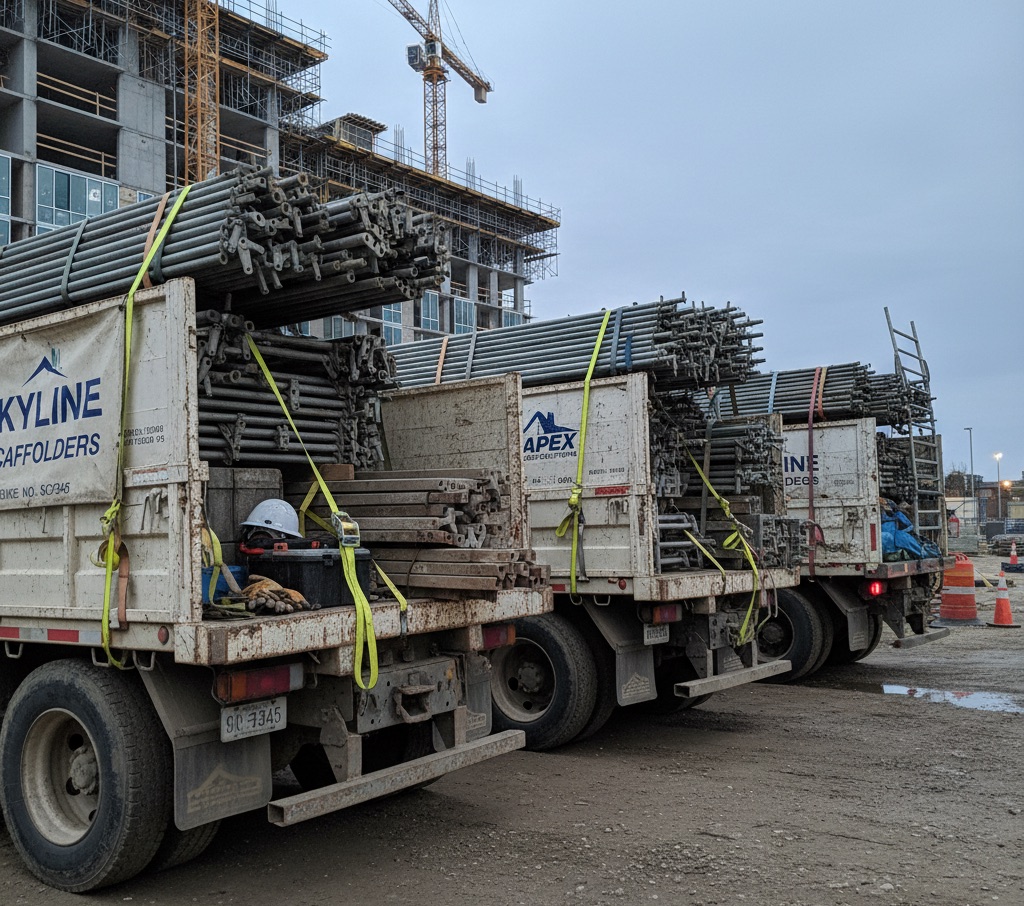 Scaffolding fleet vehicles parked on site