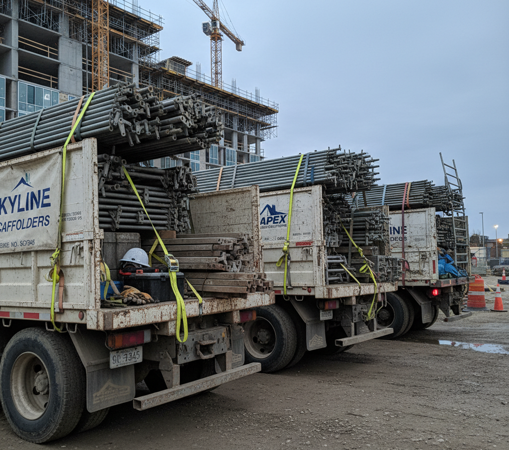Scaffolding fleet vehicles parked on site